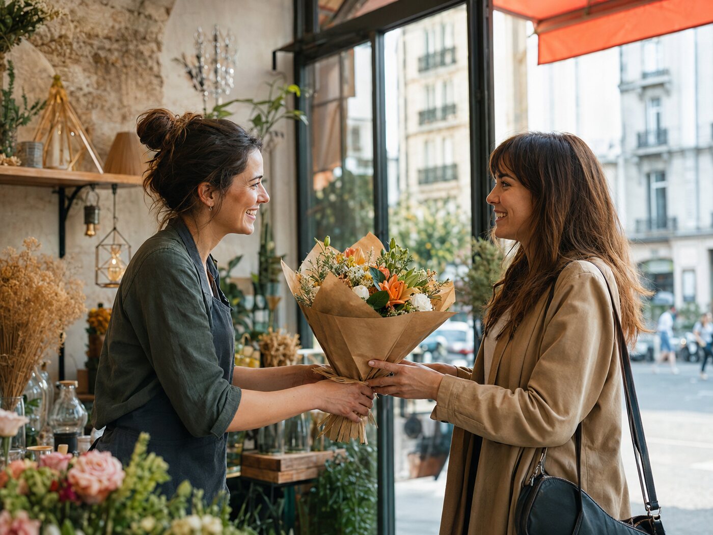 A florist welcomes a returning customer